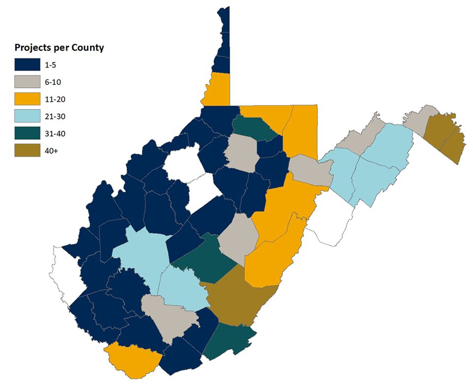 Map of the number of projects by county in West Virginia, description below